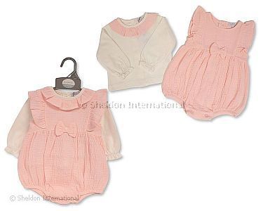 Baby Mädchen Spielhosen-Zweiteiler mit Schleife - Rosa - Großhandel