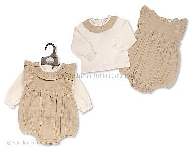 Baby Mädchen Spielhosen-Zweiteiler mit Schleife - Taupe - Großhandel