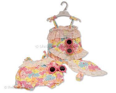 Baby Mädchen Spielhosen-Zweiteiler mit Sonnenbrille - Blumen - Großhandel