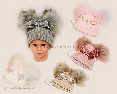 Baby Mütze mit Doppel-Bommel und Schleife - 5 Farben - Small - Großhandel
