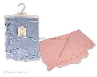 Baby Strickdecke mit Zick-Zack Rand, Pointelle Muster und Schleife - Großhandel