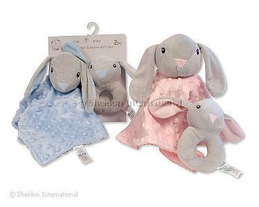 Baby Schmusetuch und Rassel Set - Hase - Rosa und Hellblau - Großhandel