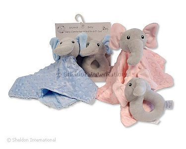 Baby Schmusetuch und Rassel Set - Elefant - Rosa und Hellblau - Großhandel