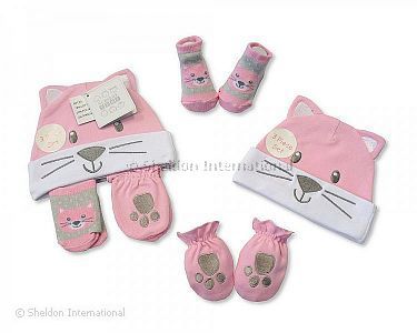 Baby Mütze, Socken und Handschuh Set - Katze - Großhandel