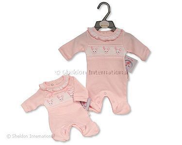 Frühchen Mädchen Einteiler mit Smocking und Schleifen - Hase - Großhandel